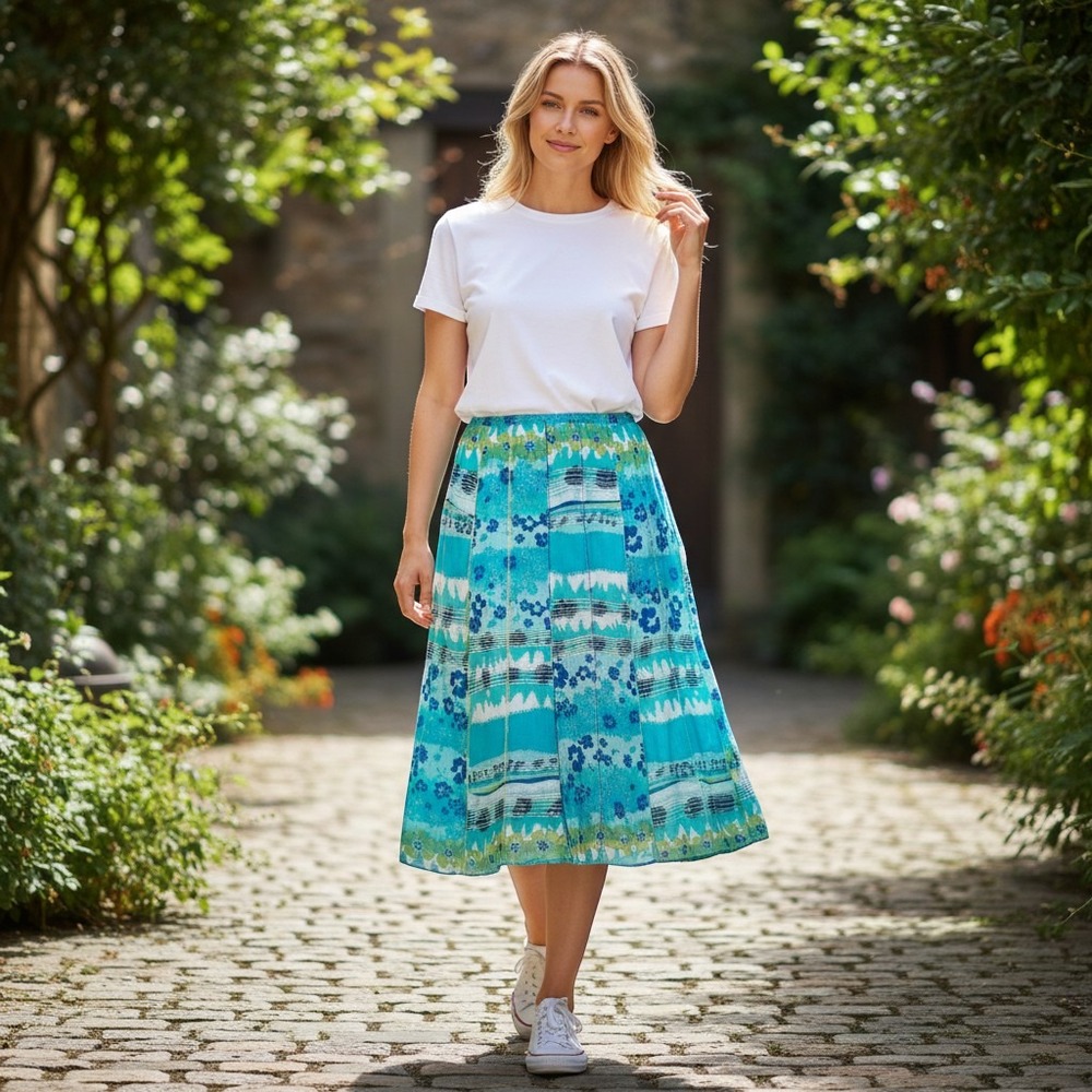 Chico's Women Skirt Large Blue Green Floral Midi Cotton Lined A-Line Boho